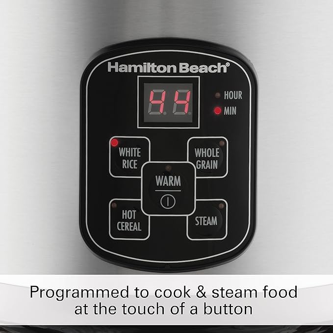 Hamilton Beach Electric Indoor Searing Grill, 6-Serving, Extra-Large Drip Tray, Stainless Steel (25361) & Digital Programmable Rice Cooker & Food Steamer, 8 Cups Cooked (4 Uncooked), Stainless Steel