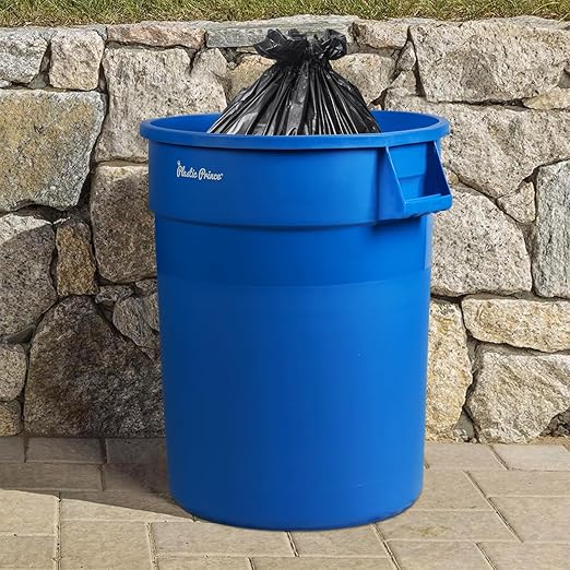 PLASTIC PRINCE 32 Gallon Round Trash Can with Lid and Dolly Blue Plastic Commercial Garbage Container for Home Garage Restaurants Warehouses - Bundle