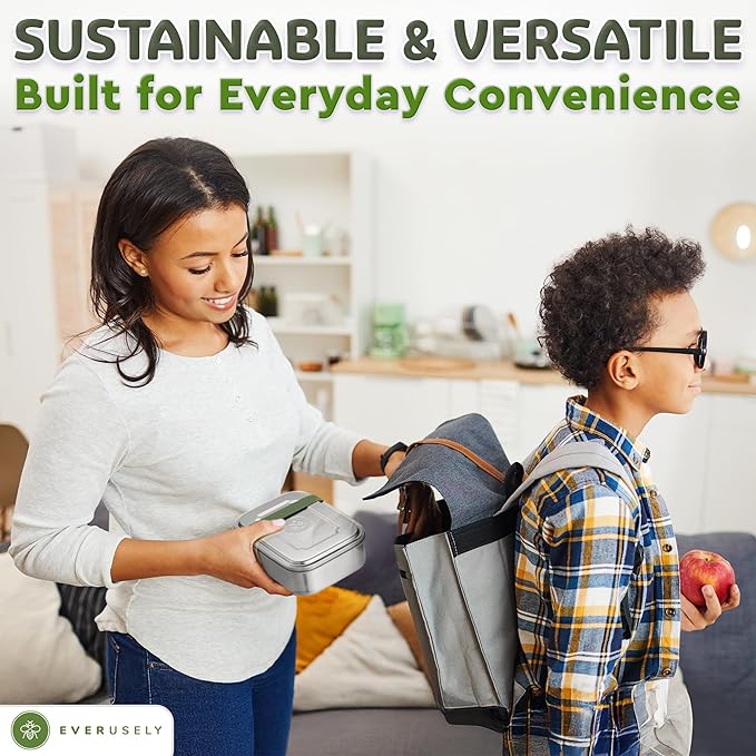 Everusely - Bento Box - Sage, 47oz / 1.4 L - Large Stainless Steel Lunch Box with Leakproof Condiment Container - 3 Compartment Snack Organizer for On the Go Meals - Freezer & Dishwasher Safe