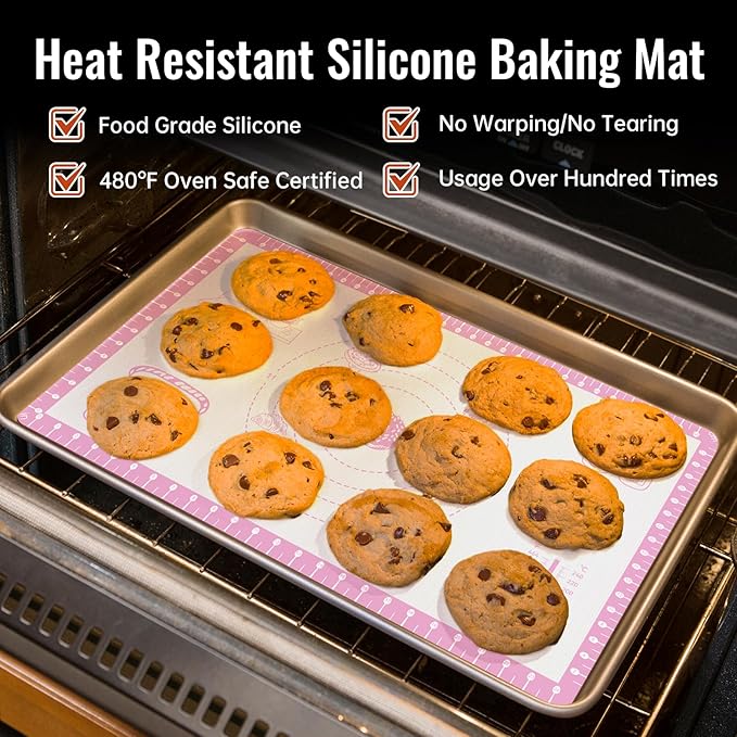Silicone Baking Mat with 10 Recipes, Non Stick Silicone Mat for Pastry, Cookie, Macaron, Pizza,Bread, Surdough,Fondant, Extra Large and Dishwasher Safe