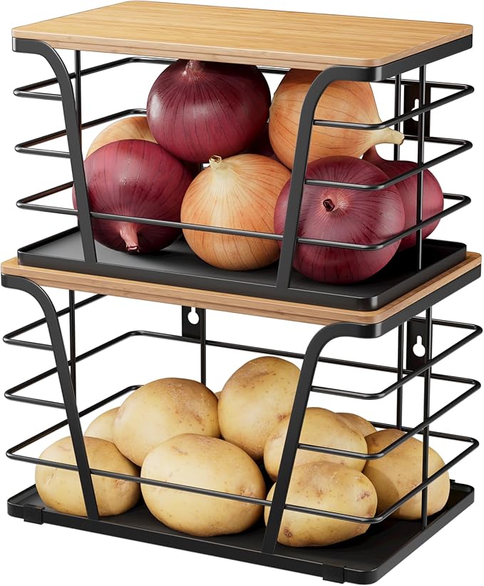 2 Pack Potato and Onion Storage Bins, Stackable Kitchen and Pantry Organizer with Bamboo Top & Lightweight PP Mat, for Vegetables, Fruit, Onion, Potato, Garlic - Pantry, Kitchen Storage Bins (Black)
