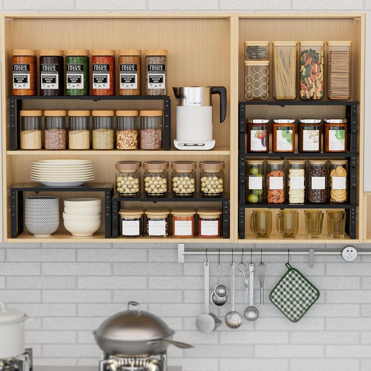 Expandable Spice Rack Kitchen Cabinet Shelf Organizer, Stackable Storage Shelves Racks, Adjustable Counter Shelving for Cabinets, Countertop, Cupboard,Pantry and More(3Packs/Black/Large)
