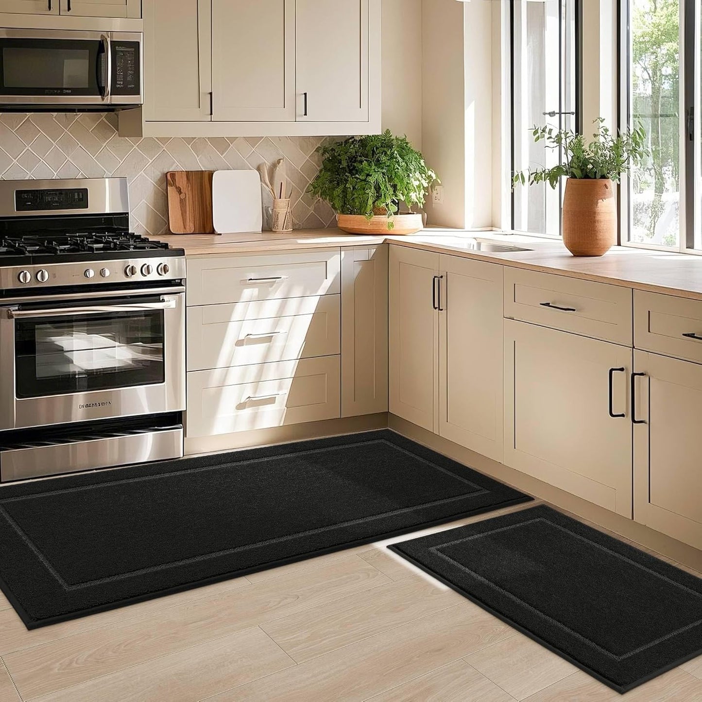 JSEI Non-Slip Kitchen Mats, Self Adhesive No Sliding Kitchen Rugs Set of 2, Washable Absorbent Floor Mat for Kitchen, Bathroom, Laundry Room, Bedroom, 24”x36”+24”x60”, Black, Rectangular Pattern