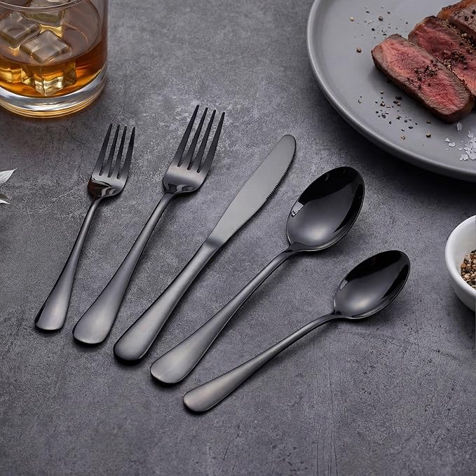 Black Silverware Set, LIANYU 20 Piece Stainless Steel Flatware Cutlery Set for 4, Mirror Finish, Dishwasher Safe
