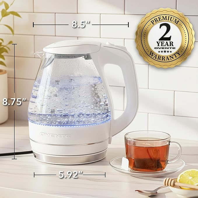 OVENTE Electric Kettle, 1.5L Borosilicate Glass Countertop Water Heater and Boiler for Coffee or Tea, BPA-Free, Auto Shut-Off, Boil-Dry Protection, Removable and Washable Spout Filter, White KG83W