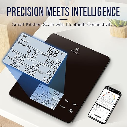 EILISON Smart Kitchen Scale with Nutrition Calculator, Digital Food Scale, Large TFT Color Display, Bluetooth App for 999+ Foods, Calorie Counter & 24 Nutrients Analyzer, 5000g Cap (Kitchen Black)