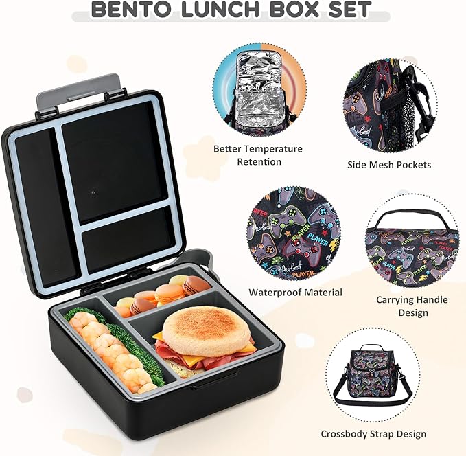 Pawtong Lunch Box Set with Bento Box Container, 17OZ Stainless Steel Food Soup Thermo, Kids Water Bottle & Portable Insulated Lunch Bag – Leakproof, Hot/Cold Retention for School, Travel (Black-Game)