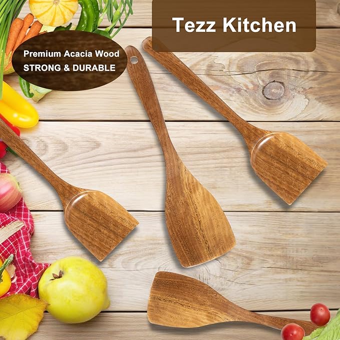 Wooden Spatulas, 2 PCs Natural Acacia Wooden Cooking Utensils Set for Non-stick Pan Kitchen Tool, flipping and Wok Spatula, Wooden Spoons & Spurtle for Cooking