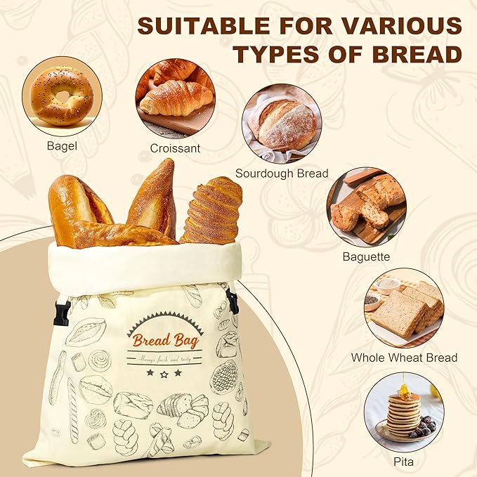 BuyCard 2 Packs Bread Bag Reusable Beeswax Food Storage Bag, Natural Cotton with Bread Pattern Design, Zipper Reusable Bread Bags for Homemade Loaf, Large Size for Fresh Baked Goods Storage