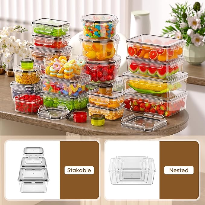 50 PCS Food Storage Containers with Lids Airtight (25 Containers & 25 Lids), 100% Leak Proof Meal Prep Container for Kitchen, BPA-Free Plastic(Polypropylene5), Microwave/Dishwasher Safe, Labels & Pen