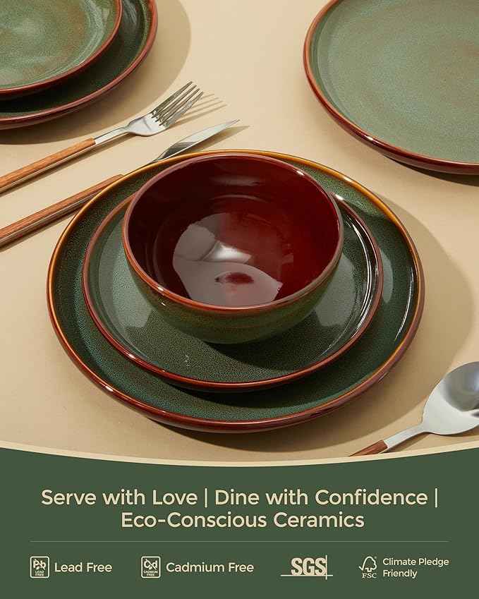 Stoneware Dinnerware Sets for 6, Microwave Safe Plate and Bowl Set, Easy to Clean & Durable Dishes Sets for Small to Medium Families, Sage Green