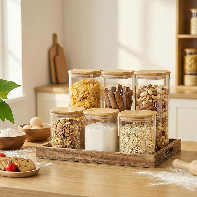 HomArtist 27oz - 4 Pack Square Glass Jars with Bamboo Lids, Glass Food Storage Containers with Airtight Lids for Kitchen, Air Tight Pantry Storage Containers