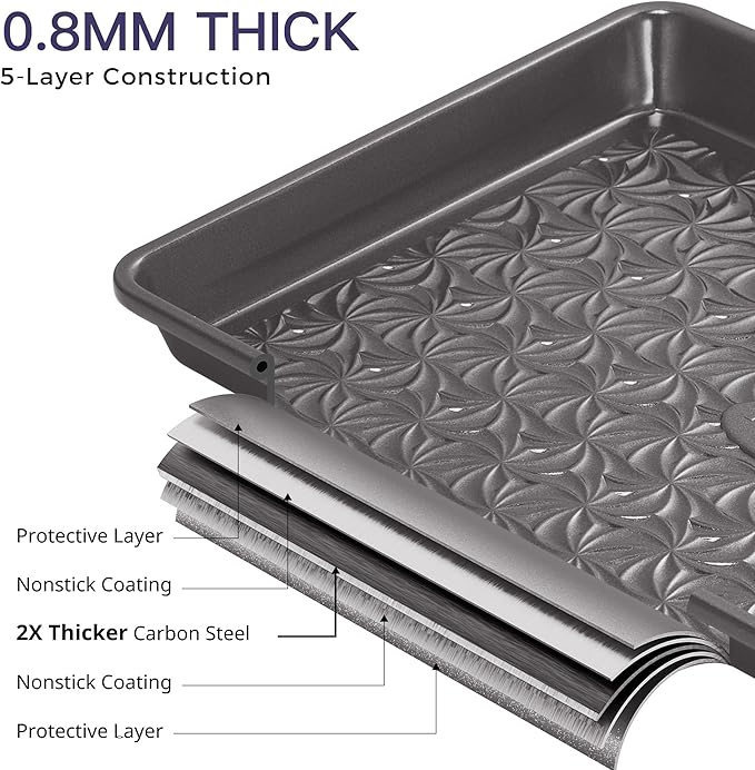 HONGBAKE Nonstick Baking Sheet Pan Set of 3, Cookie Sheets for Oven, Non-Toxic Half/Quarter/Jelly Roll Pans with Floral Swirl Texture, Heavy Duty 0.8mm Thick Oven Trays for Cooking, Dark Gray