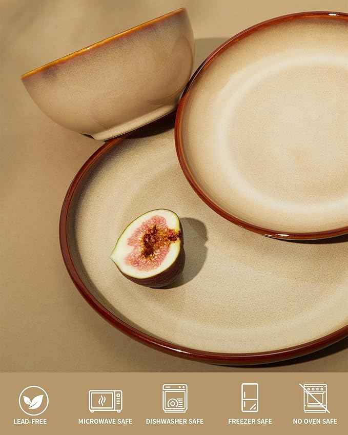 Ceramic Dishes Set for 8, 24 Piece Stoneware Dinnerware Sets, Chip and Scratch Resistant, Easy to Stack & Clean, Modern Rustic Look, Brown Yellow