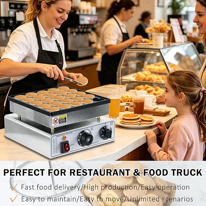 Mini Pancake Maker, 25-Cup Commercial Dutch Pancake Machine, 950W Non-Stick Electric Poffertjes Maker with Temp & Timer for Restaurant, Food Truck, Breakfast Shop
