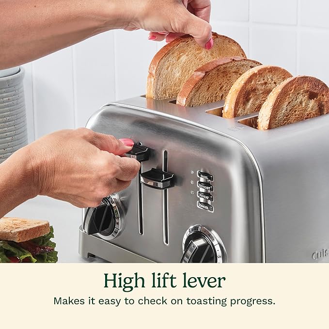 Cuisinart 4 Slice Compact Stainless Steel Toaster with Extra-Wide Slots for Bread, French Toast, Bagels & Pastries, Defrost & Reheat Functions, CPT-180P1, Brushed Stainless, Removable Crumb Tray