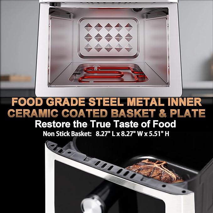 Stainless Steel Air Fryer Ceramic 12 in 1, Dual-Blazes in Steel Housing, 6QT 2-3 Servings Visible 8.27" Basket with Teflon-Free Premium Coating, 1700W, DAYBEST Dishwasher Safe Kits (Silver)