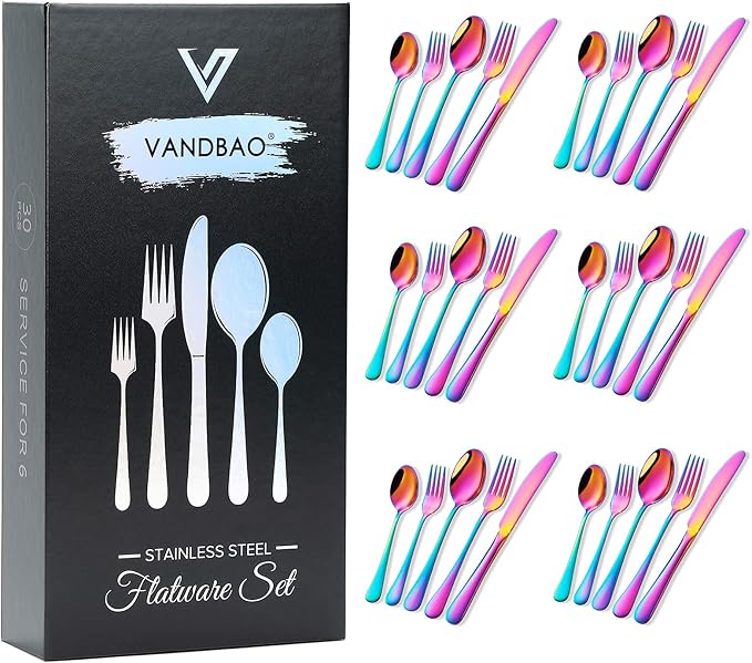 Rainbow Silverware Set Flatware Cutlery - 30 Pieces Stainless Steel Colorful Utensils, Tableware Set Service for 6, Include Knife/Fork/Spoon, Reusable, Mirror Polished, Dishwasher Safe