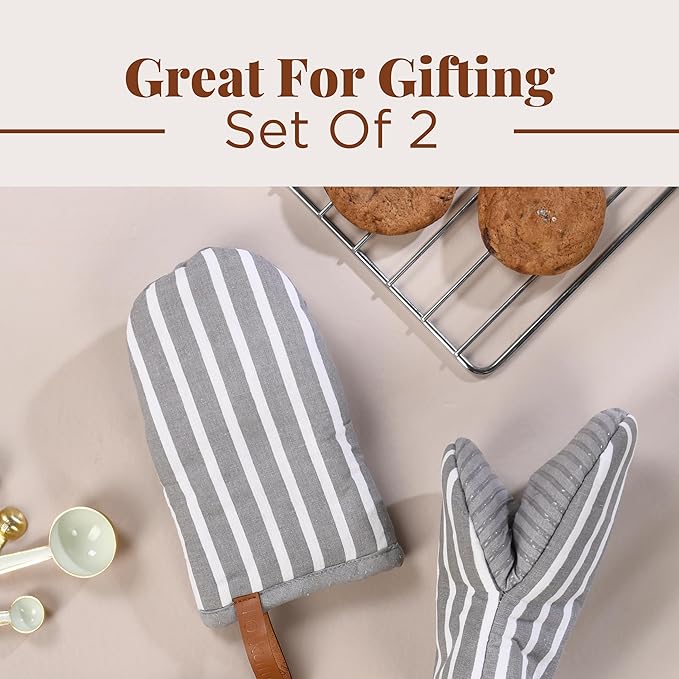 Folkulture Oven Mitts - Set of 2 (5.75"x9") | Gray Striped Oven Mitts with Hanging Loop for Cooking Gifts for Women, Kitchen Decor| 100% Cotton, Silicone Heat Resistant Mini Mitts, House Warming Gifts