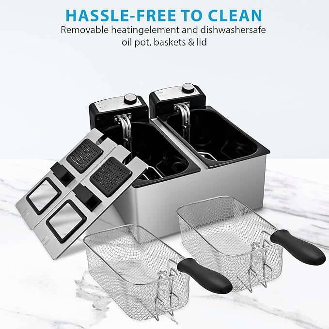Pukomc Electric Double Deep Fryer with 2 Baskets & Lids, 3L Stainless Steel Removable Double Fryer,Temperature Control,Overheat Protection,3000W