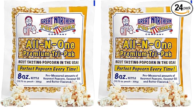 Movie Theater Style Popcorn Packs - Pre-Measured 8-Ounce All-in-One Kernel,Salt,Oil Packets for Popping Machines by Great Northern Popcorn,(Pack of 24)