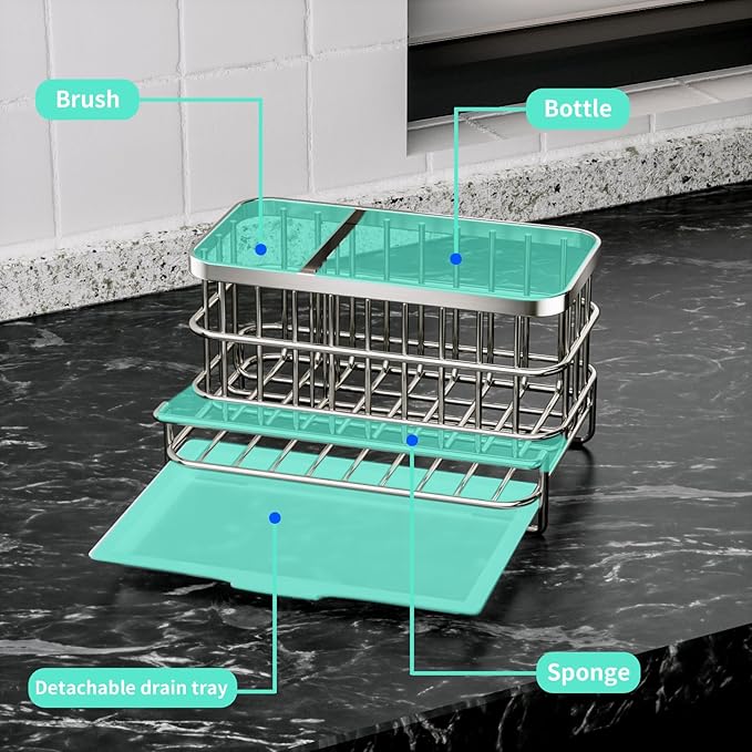HapiRm 4 Tier Over the Door Shower Caddy + Multifunctional Kitchen Sink Caddy with Drain Tray - Black, Silver