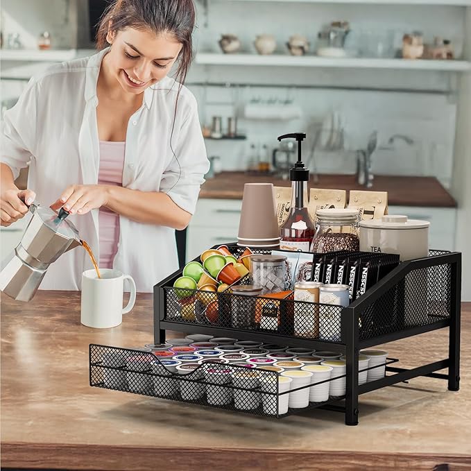 Homsorout Coffee Bar Organizer - Coffee Station for Countertop, Metal and Wood K Cup holder Storage Basket with Drawer for Syrup, Cups, Stirrer, Condiment, Tea Organizer, Black