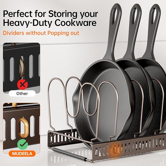 MUDEELA Pots and Pans Organizer under Cabinet, Expandable Pan Lids Organizers inside Cabinet with 12 Adjustable Dividers, Kitchen Storage Organization Pot Holder Cookie Sheet, Cutting Board Organizer