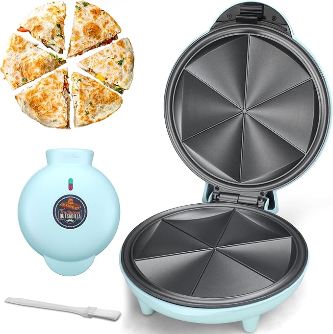 Baker's Friend Electric Quesadilla Maker with Extra Stuffing Design, 9.5 Inch with Easy Slice 6 Wedge, Non Stick Surface, Non-Slip Feet, Grilled Cheese Maker Machine, Aqua