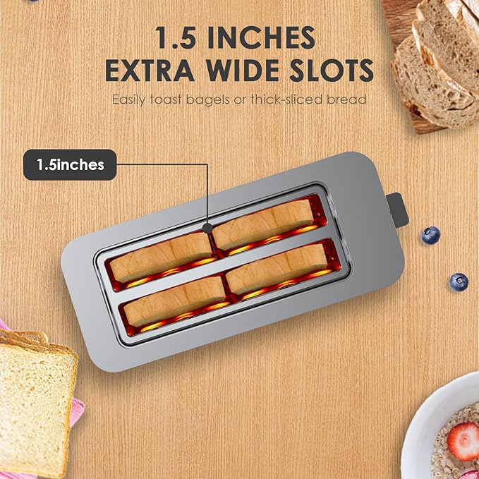 Geek Chef Long Slot Toaster 4 Slice, 1.5" Touch Screen Extra Wide Slots for Bagels & Waffles, 6 Browning Levels, Timer, Reheat, Defrost, Cancel Function, Removable Crumb Tray, Stainless Steel