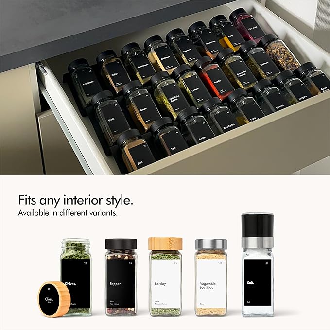 KIVY Glass Spice jars with Label & Shaker Lids [24x 4oz] Airtight Seasoning Containers for Cabinet & Drawer - Empty Spice Bottles - Spice containers with labels - Black spice jars with black lids