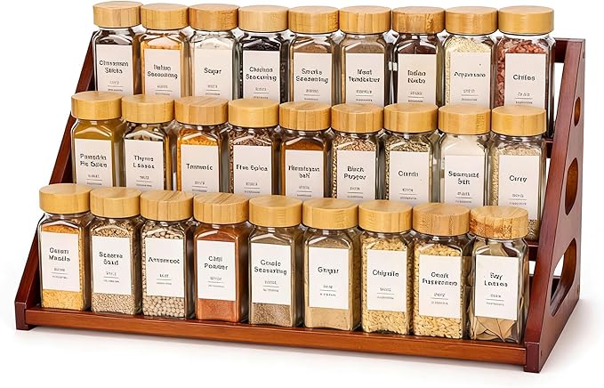 Spice Rack, Spice Organizer -3 Tier Bamboo Spice Racks, Solution for Spice Storage in Kitchens, Countertops，Storage Rooms and Other Places(Brown)