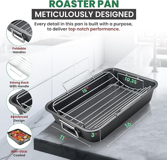 Roasting Pan With Rack 11" x 15" - Non Stick Large Roaster Pan and V-rack with foldable handles - Roasting Pans for Ovens to Elevate Food for Even Heating - Dishwasher Safe Turkey Roast Pot