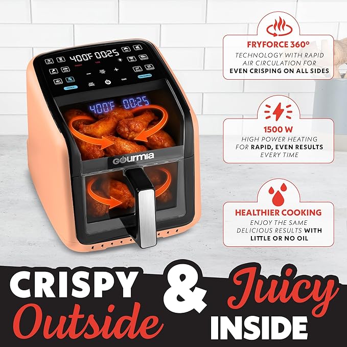Gourmia Air Fryer 7 QT - Easy View Panorama Window & Interior Light, Guided Cooking with 12 One-Touch Presets, FryForce 360, Dishwasher Safe Accessories, Peach