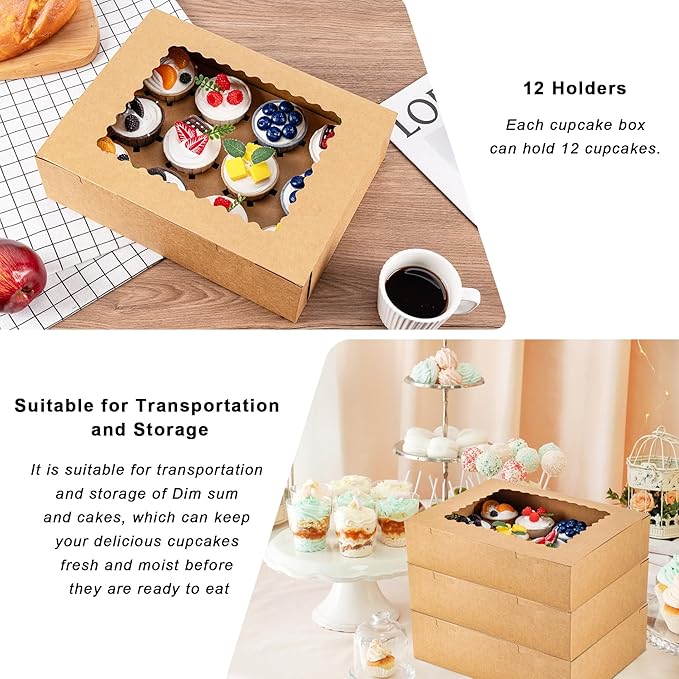 Hoewina 6PCS Cupcake Boxes - Hold 12 Count Cupcake Containers with Window, Food Grade Cupcake Holder Easy Transport and Presentation - Ideal for Cupcakes, Desserts, and More (Brown)