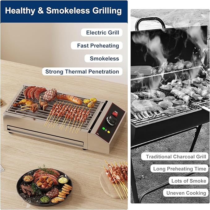 Takywep Electric Barbecue Grill, Smokeless Indoor Outdoor BBQ Grill, Portable Countertop Grill with Adjustable Temperature 122°F-572°F, Stainless Steel, 1800W, for Home Restaurant Party Camping