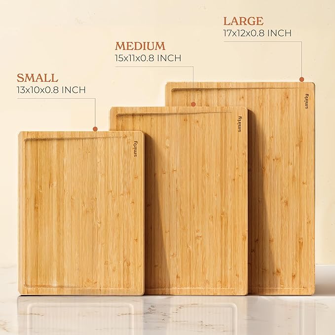SMIRLY Bamboo Wooden Cutting Boards for Kitchen, Set of 3 Large - Small, Bamboo Wood Cutting Board Set with Deep Juice Grooves, Non Toxic Serving Tray, Perfect Mother's Day Gifts