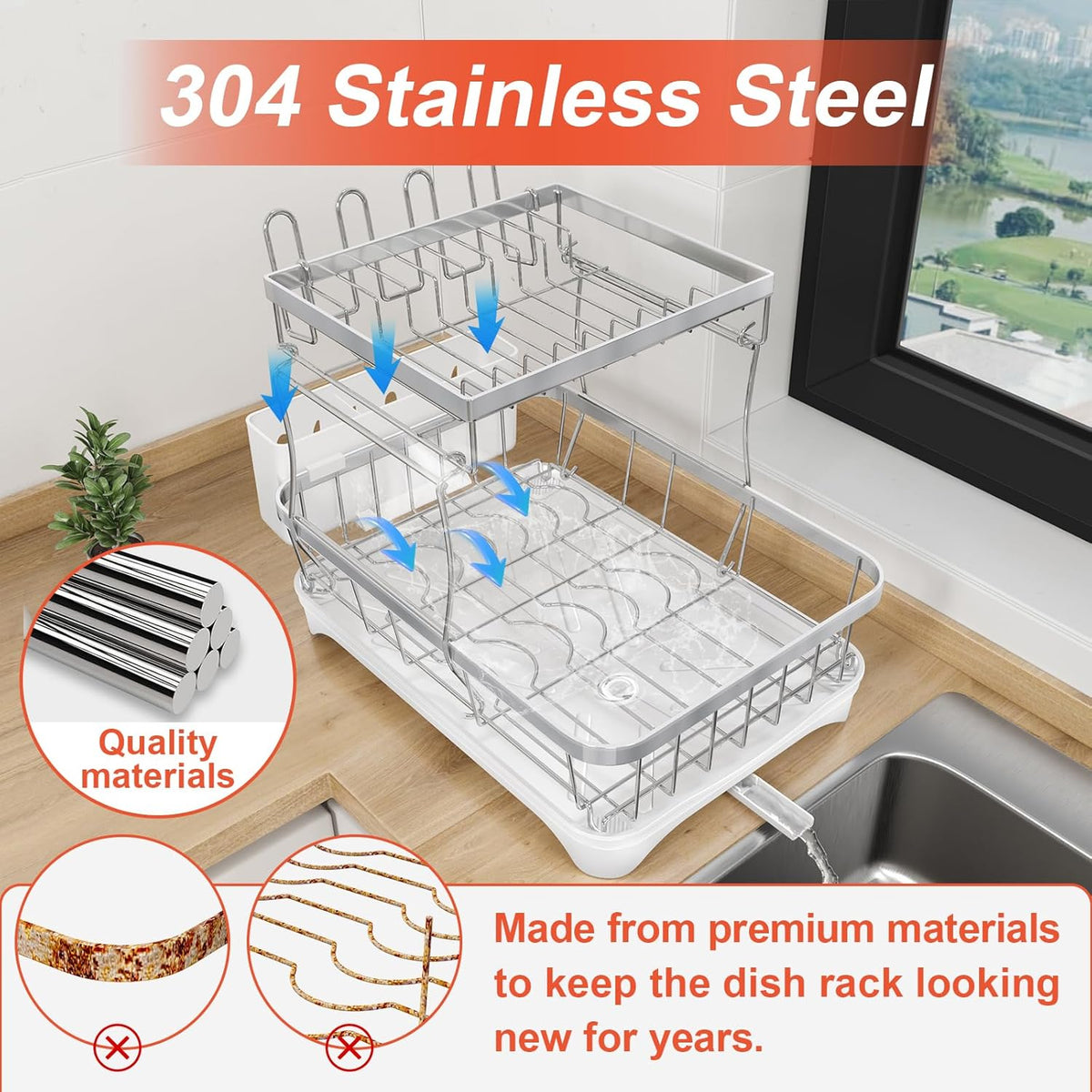 Dish Drying Rack for Kitchen Counter, 2-Tier 304 Stainless Steel Dish Rack with Adjustable Drainage Board, Removable Cup Holder, Utensil Holder, White