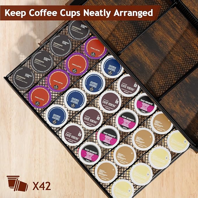 Homsorout Coffee Bar Organizer - Coffee Station for Countertop, Metal and Wood K Cup holder Storage Basket with Drawer for Syrup, Cups, Stirrer, Condiment, Tea Organizer, Brown