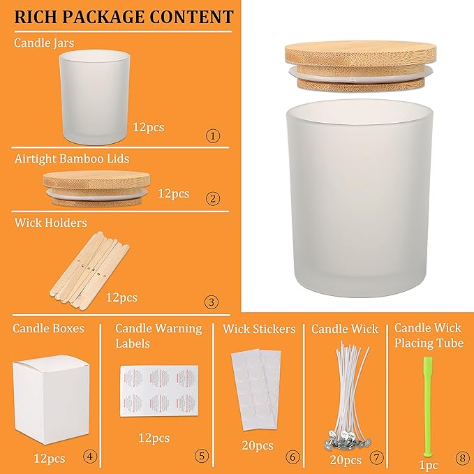 MILIVIXAY 12 Pack 12 OZ Frosted Glass Candle Jars with Lids and Candle Making Kits - Bulk Empty Candle Jars for Making Candles - Spice, Powder Containers.