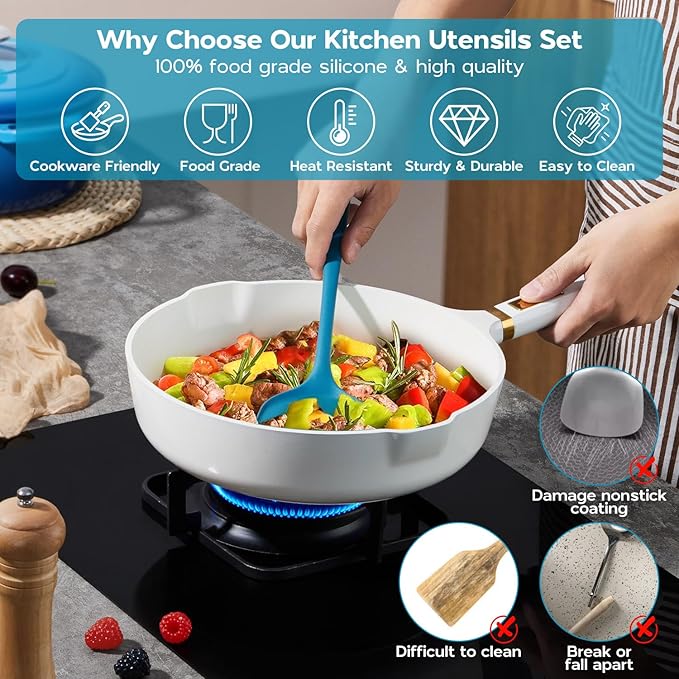 Onader Silicone Cooking Kitchen Utensils Set of 6, Navy Blue Kitchen Utensils Gadgets Set for Nonstick Cookware, Non Toxic & Dishwasher Safe