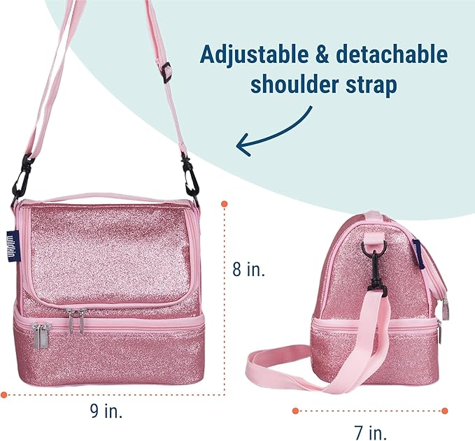 Wildkin Kids Two Compartment Insulated Lunch Bag – Keeps Food Hot or Cold, Easy-Clean Lining, Leak-Resistant & BPA-Free – Boys & Girls, Ideal for School, Travel & Daycare – Pink Glitter