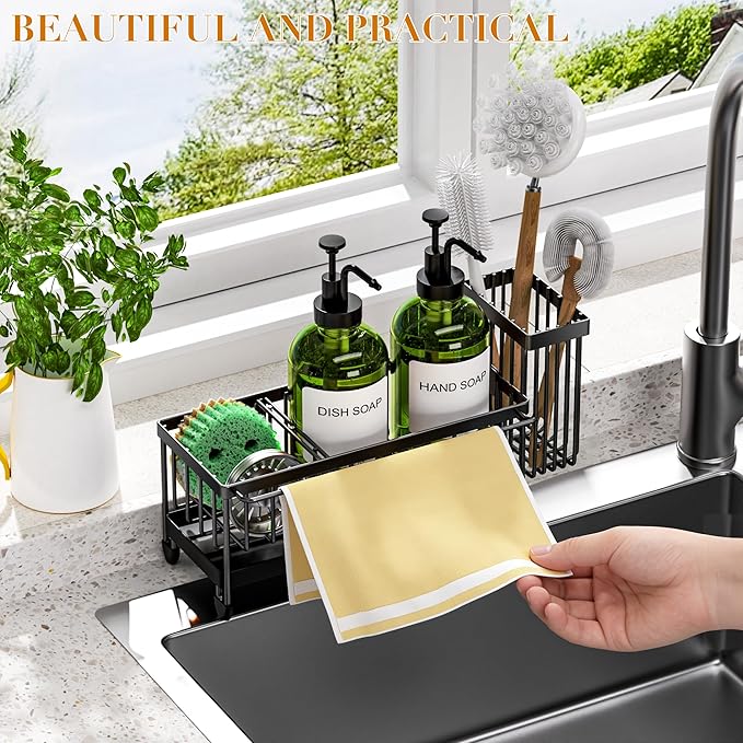 Kitchen Soap Dispenser Set with Sponge Holder and Towel Rack, 17OZ Glass Bottle, Hand and Dish Soap Dispenser Set, Non-Slip Silicone Pad, Brush Holder, Kitchen Sink Caddy Organizer Countertop (Green)
