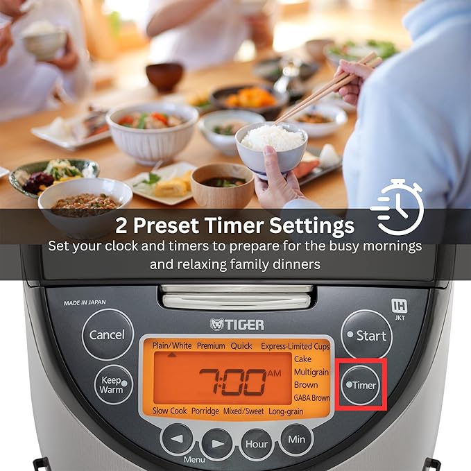 Tiger Corporation JKT-D18U 10-Cup Capacity Induction Heating Electric Rice Cooker with 12 Menu Setting, 24-Hour Keep Warm Setting, Spatula and Measuring Cup (Black and Stainless Steel)