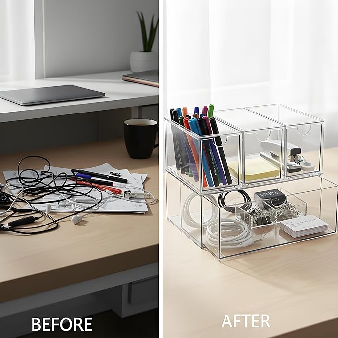Coffee Pod and Tea Bag Organizer Drawer – Crystal-Clear Acrylic Tea Bag Drawer, Easy to Clean & Stackable for K-Cups, Tea, Sugar Packets in Office, Gym & Kitchen Cupboard (4-Pack)