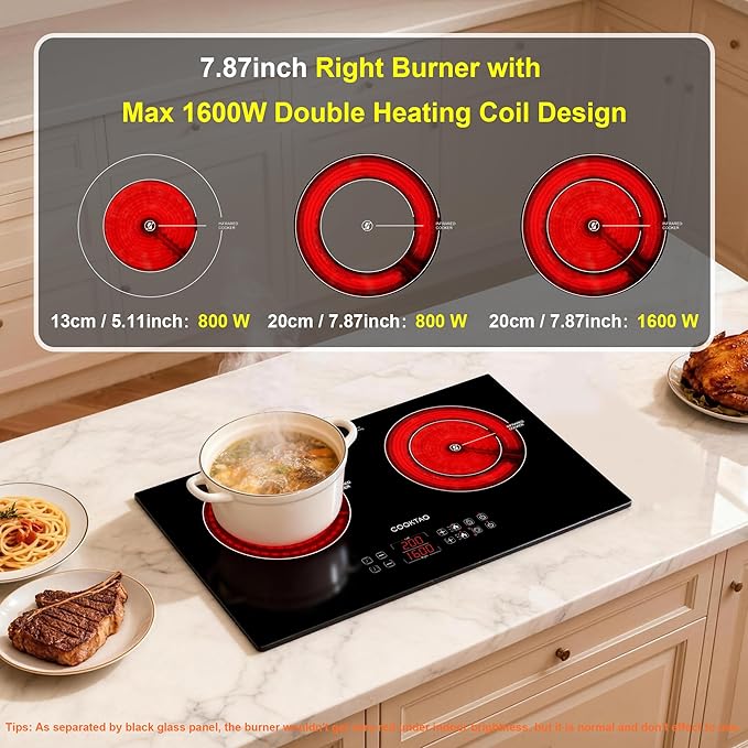 Dual Coils Design of Double Burner Electric Cooktop, 1800W Commercial Ceramic Infrared Cooking Hot Plate, Portable Countertop or 24in Built-in Radiant Stove Top Cooker with WATT n TEMP Heating Control