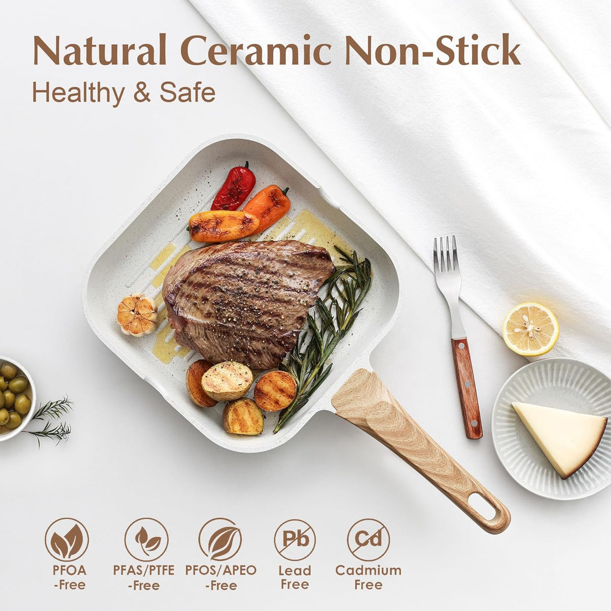 SENSARTE Nonstick Ceramic Grill Pan for Stove Tops, Square Grilling Pan with Pour Spouts, Non Toxic Durable Grill Skillet for All Stoves(Gas,Electric,Induction) PTFE,PFAS,PFOA Free, 12Inch (White)
