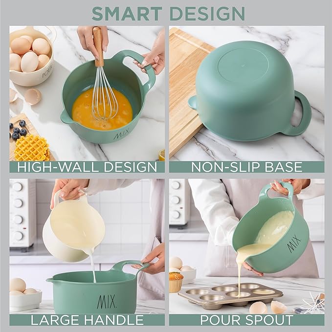 Rae Dunn Non-Slip Mixing Bowls - 4 Piece Nesting Plastic Mixing Bowl Set with Pour Spouts and Handles-Measurement Markings (Sage)