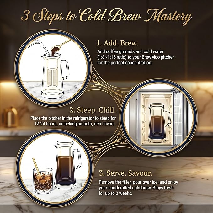 Cold Brew Coffee Maker Pitcher, 1.0L/34Oz Airtight Borosilicate Glass Carafe with 150 Mesh Precision Filter | Barista Grade Iced Coffee Maker, Integrated Glass Handle & Non Slip Base (Grey)