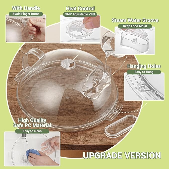 WENWELL Microwave Splatter Cover,Protect Food Splashes,Dish Bowl Plate Serving Lid with Handle,BPA-Free,Clear Safe Plastic,Microwave Cover for Food,10 Inch